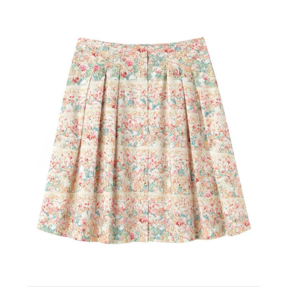 Cacharel Floral Print Cotton Pleated Button Front A Line Skirt Cottagecore 6
